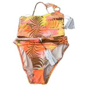 Sanctuary Swim High Rise Bikini NEW Asymmetrical Beige Coral Palms Womens Medium